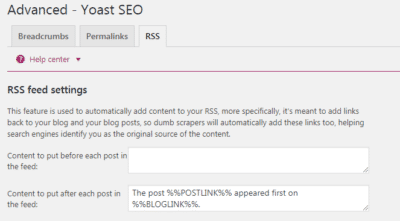 Yoast - RSS feed settings