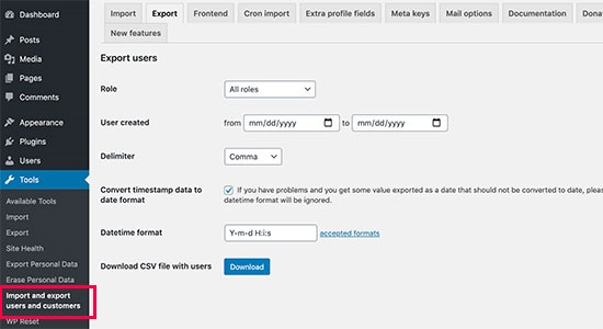 import and export users and customers